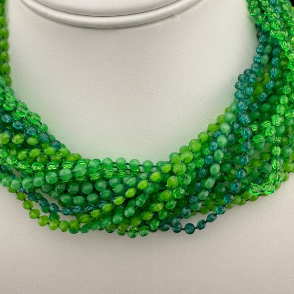 Vintage Multi-Strand Green Plastic Beaded Collar Necklace With Gold-Tone Ornate - Picture 3 of 8